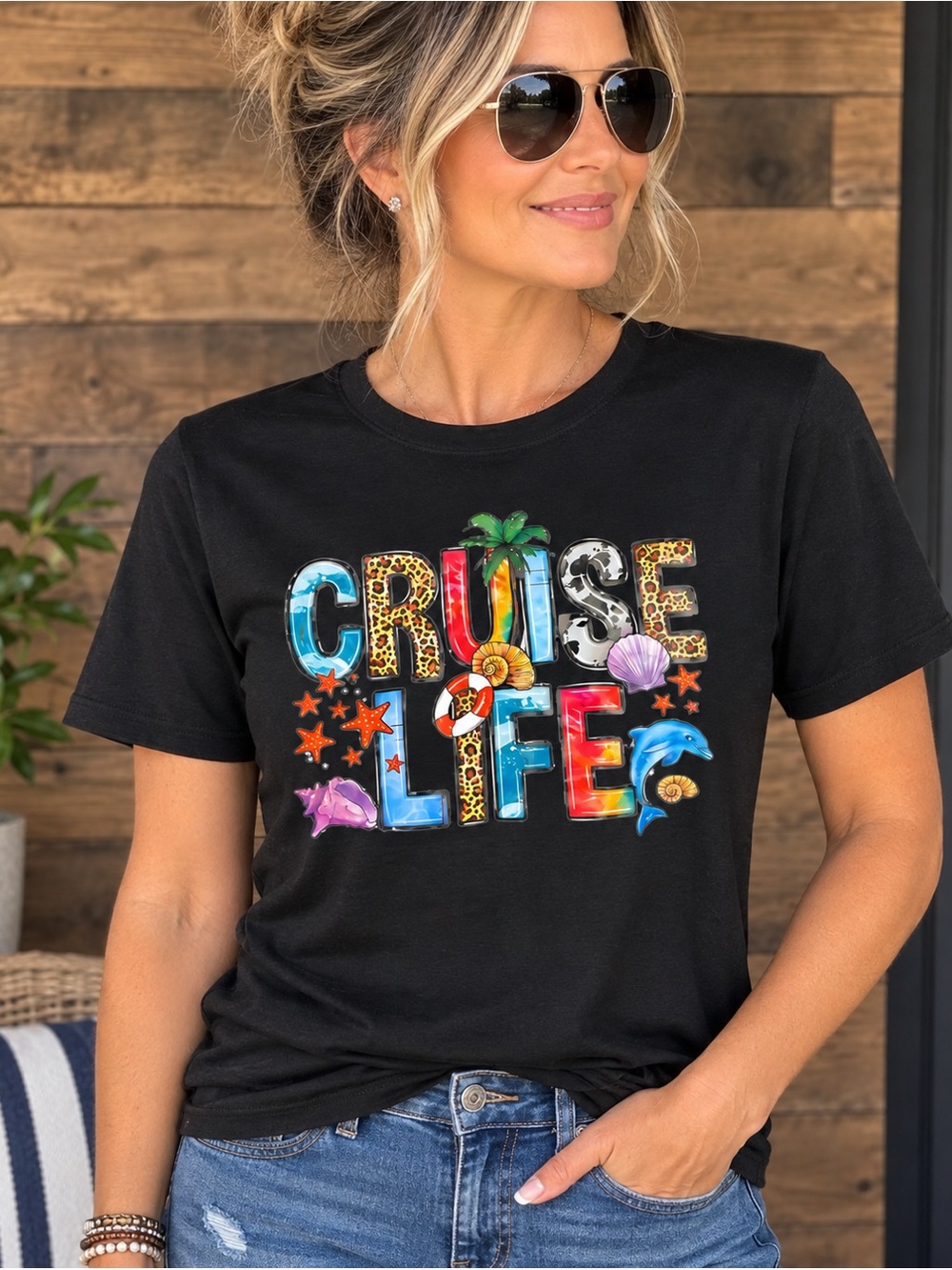 Black 'Cruise Life' Graphic Tee with Multicolor Tropical Print